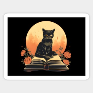 Floral Black Cat And Book Catshirt Sticker